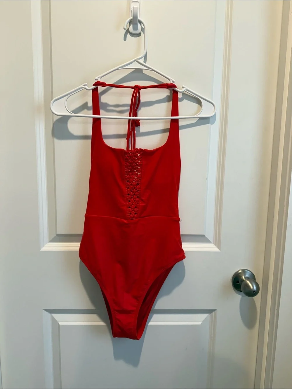Aerie Red Macrame Plunge One Piece Swimsuit Halter Open Back Size Small